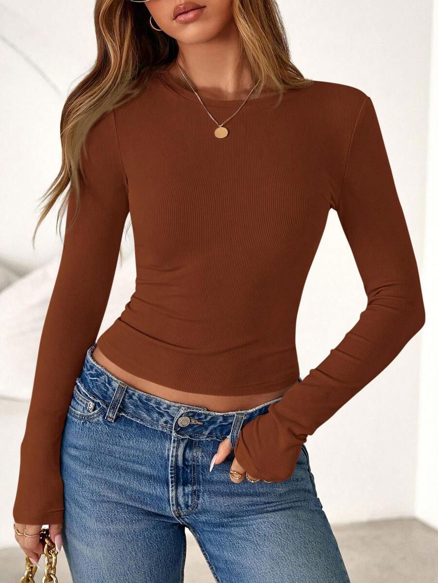 Women Spring And Fall Long Sleeve Shirts Ribbed Crewneck Fitted Basic Tee Going Out Tops Casual Workout Vacation Outfits - caramen - Xem 1