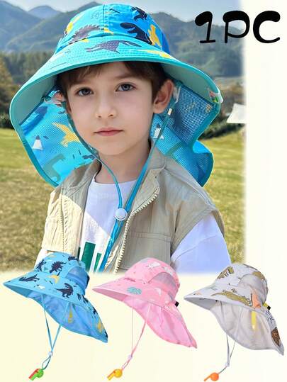 1pc Kids Animal Print Sun Hat, Large Brim Neck Protection Breathable Mesh Hat With Drawstring Whistle, Cute Unisex Children Shawl Hat, Lightweight & Comfortable For Spring/Summer Outdoor, Cartoon Pattern