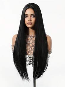 Elegante 28-Zoll natürliche schwarze gerade synthetische Perücke für Frauen - Mittelscheitel, hohe Dichte, hitzebeständige Faser, perfekt für den täglichen Gebrauch und Partys, hochwertig - Schwarz - Übersicht 3
