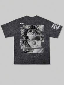 Fractyr Fractyr 男士夏季时尚简约街头雕塑及英文标语印花圆领复古水洗短袖T恤 | 百搭街头休闲T恤，男友礼物 - 黑色 - 查看 3