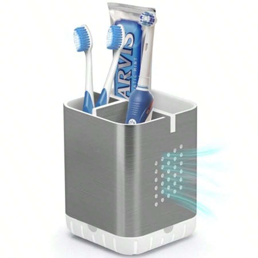 Toothbrush Holder Toothpaste Organizer Drainage For Bathroom Vanity Detachable Anti-Slip Brushed Nickel Toothpaste Storage Caddy 3 Slots With Drainage Holes For Makeup Brush Razor Stand - Bạc mài - Xem 1