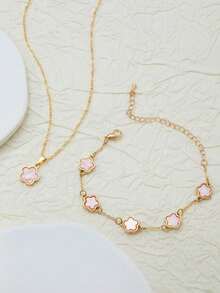 1 Set Fashion Lucky 5-Petal Flower & Clover Jewelry Necklace & Bracelet Set For Girls - Two-piece Set - View 2