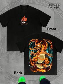 1 Piece Men Cotton Solid Color English Letter Charizard Printed Short Sleeved Round Neck T Shirt Suitable For Daily Wear Going Out Leisure Sports School Travel Family Gatherings And Other Occasions Short Sleeved T Shirt Summer T Shirt Multiple T Shirts Can Be Given As Gifts To Family Members 2000s Y2k Style - Negro - Ver 3