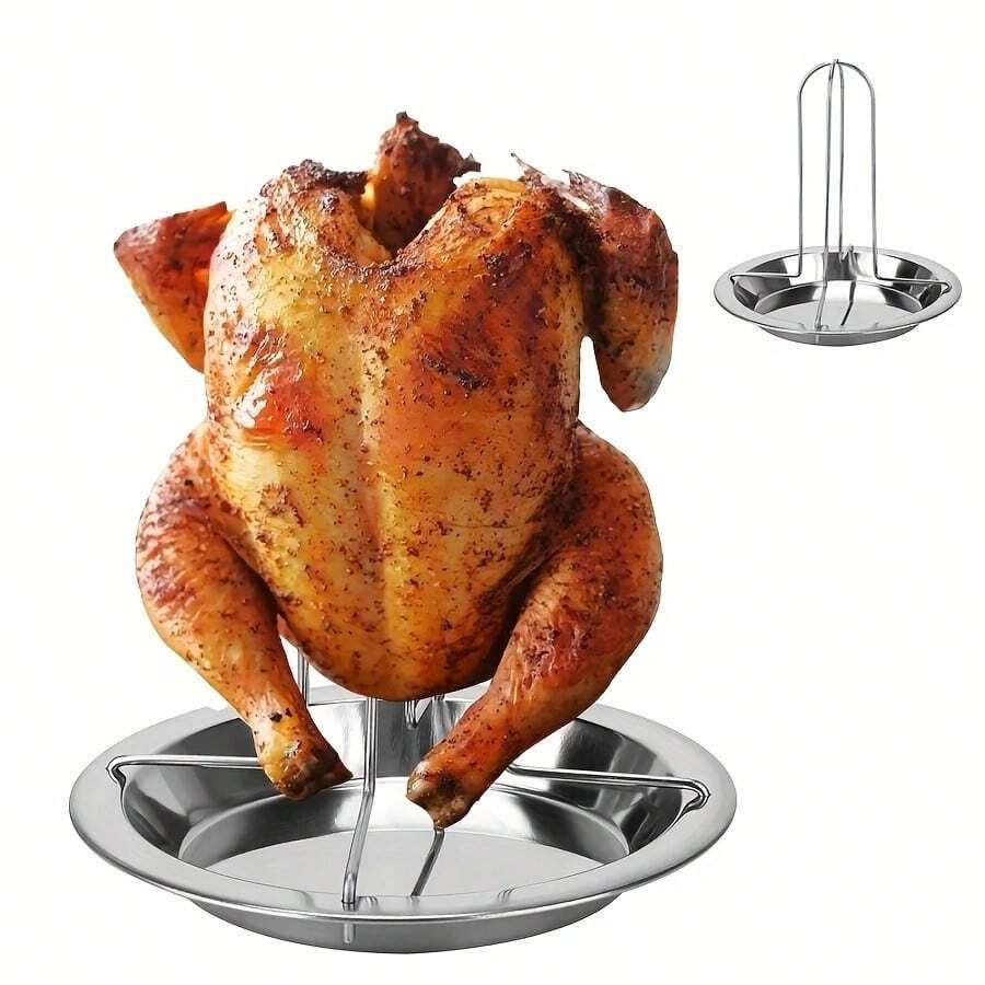 1 pieza Rejilla para asar pollo de acero inoxidable - Parrilla multifuncional con bandeja de goteo, accesorio plegable para cocinar al aire libre, camping y barbacoa