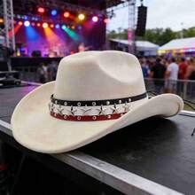 Women Men Cowgirl Hat, Vintage Stars Rivets Roll-Up Wide Brim Western Hat For Club Party - 米色 - 查看 2