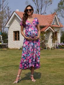 KUYIGO Women's Summer Long Dress, Casual Bohemian Style Floral Print V-Neck Short-Sleeved Pleated Ruffle Chiffon Beach Maxi Dress - Nhiều màu - Xem 4