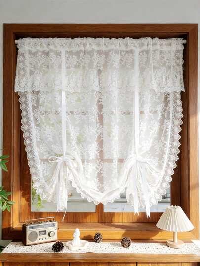 1 Pc Elegant White Floral Tie Up Curtain For Kitchen Doorway Adjustable Balloon Cafe Short Sheer Curtain For Kitchen Bathroom Romantic Flower Lace Sheer Curtain For Window Light Filtering Half Window Curtain Rod Pocket Home Decor
