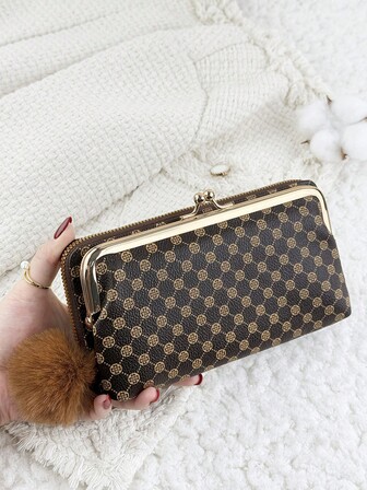 With A Pom-Pom Charm,Purses Zipper & Hasp Purse Multifunctional Large Capacity Money Bag For Women Coin Card Holders Lightweight,Key Cell Phone Purse,Hand Bag,Fashion Modern,Business ZipperCredit Card Business Casual Teachers' Day,Teacher Gifts,For Birthday Gift,For Lady,For Female,White-Collar Workers