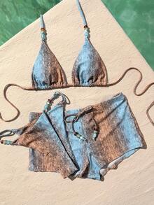 三件套女士泳衣比基尼套装，性感波西米亚风渐变蓝色动物纹迷你三角泳裤套装，含罩衫，适合度假、海滩、泳池和派对穿着，春夏系列 - 彩色 - 查看 8