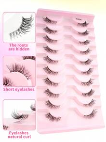 10 Pairs Natural Crossing Extending Transparent Band Half-Eye False Eyelashes, 3D Faux Mink Short Lashes, Suitable For Girls' Daily Makeup And Work - 黑色 - 查看 2