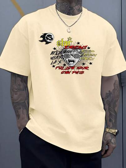 Bold Slogan And Hypnotic Face Graphic Urging To Follow Your Own Path With Star And Spiral Elements 100% Cotton Size Plus Men's 220g Tshirt