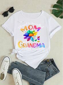 Damen Lässig Rundhals Kurzarm T-Shirt mit Grafik "Mutter und Großmutter" sowie floralem Herzdruck, Muttertagsshirt - Weiss - Übersicht 4