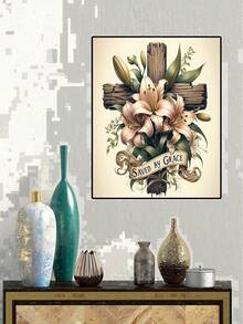 5D十字架钻石画套装，适合成人初学者，DIY全圆钻钻石画套装，宗教十字架配百合花，钻石点画宝石艺术水晶简易款，家居墙面装饰 - 彩色 - 查看 4