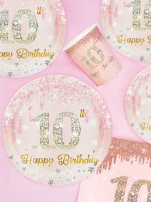 10pcs/20pcs/50pcs/80pcs Rose Gold 10th Birthday Party Paper Plates Cups And Napkins Tableware Girls 7 Inch Rose Golden Cake Plates 9 Inch Dinner Plates 10 Years Old Table Decorations Happy Ten Years Old Tableware Set Pink 10th Birthday Party Supplies - Multicolor - View 4