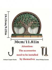 11.81x9.64 Inch Bohemian Style Wooden Life Tree Wall Decor Key Holder Hook, Multifunctional Entryway, Kitchen And Living Room Organizer, Easy To Install Functional Storage Rack, Finished Painted Hook Rack, 2D Flat - Multicolor - View 3