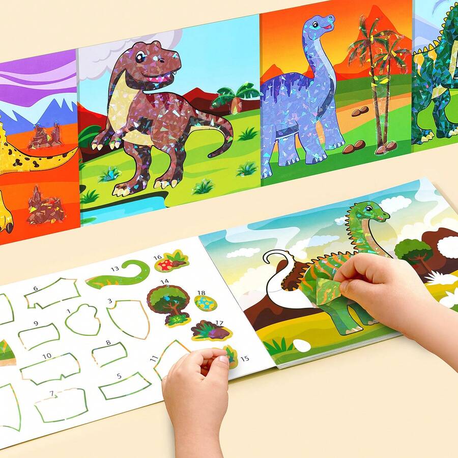 3岁以上儿童益智贴纸书 - 激光贴纸DIY教育拼图，恐龙数字贴纸，动物识别，儿童理想礼物，旅行礼物，学前班，生日，返校，贴纸
