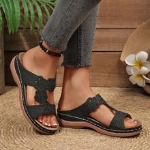 Plus Size Women Rhinestone Flower Flat Platform Slip-On Sandals, Thick Sole Open Toe Hollow Peep Toe Shoes - Black - View 7