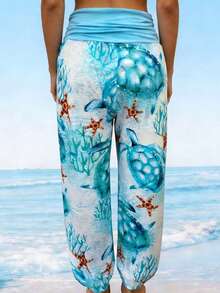 YI XUAN Plus Size Knitted Fabric Harem Pants, Ruched Waistband, Turtle And Coral Print, Long Wide Leg Lantern Pants, Suitable For Spring And Autumn Casual Vacation - Blue - View 3