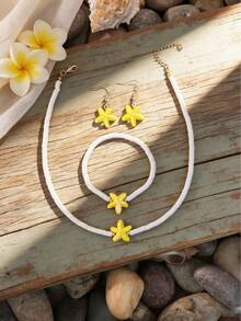 套装包含：1对耳环、1条手链、1条项链 - 海滩度假风3D海星和心形白色陶瓷首饰套装，夏季冲浪手链项链旅行纪念品 - 三件套 - 查看 17