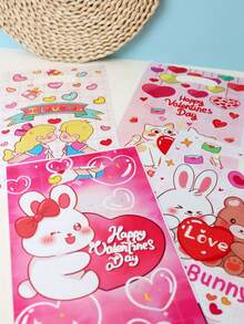 50个可爱情人节塑料礼品袋，卡通动物和情侣图案，带提手设计，适合浪漫礼物 - 彩色 - 查看 5