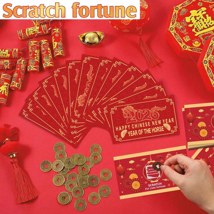 32张/套 中国新年刮刮卡，2026兔年派对算命游戏，红色中国新年祝福刮刮卡，农历新年装饰春节派对礼物 - 彩色 - 查看 1