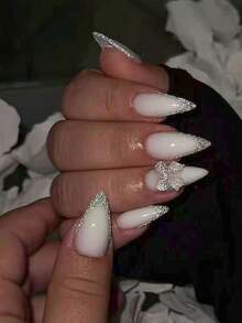 10片手工短款美甲贴片，法式美甲贴纸，白色、粉色、绿色、蓝色、黄色、红色、橙色，闪亮猫眼美甲，附赠美甲工具，简约时尚风格，适合工作、学习和日常佩戴，杏仁形美甲贴纸 - 銀色 - 查看 1