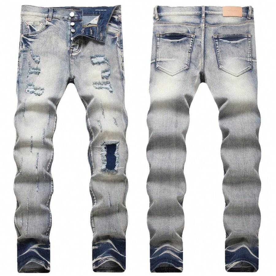 Pantalones vaqueros de PU para hombre con bordado de rasgaduras, diseño de retazos, corte ajustado elástico, estilo moderno de la calle, duraderos, cómodos y elegantes. - Gris - Ver 1