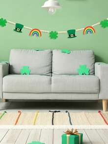 St. Patrick's Day Felt Banner, Rustic Clover Wreath With Rainbow Hat, Wooden Beads, Irish Inspired Hanging Decor, Suitable For Holiday Home Party Fireplace Mantel Wall Decoration - Multicolor - View 4