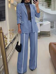 Bộ 2 áo khoác blazer tay dài và quần, thiết kế ruy băng màu tương phản, phù hợp mặc công sở vào mùa thu - Màu xanh lam - Xem 4