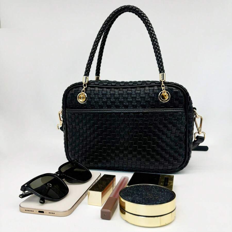 Checkered Crossbody Bag For Women Shoulder Plaid Handbags Top Handle Satchel Bag Woven Bum Bag Stylish Woven Crossbody Bag PU Leather - 純黑色 - 查看 1