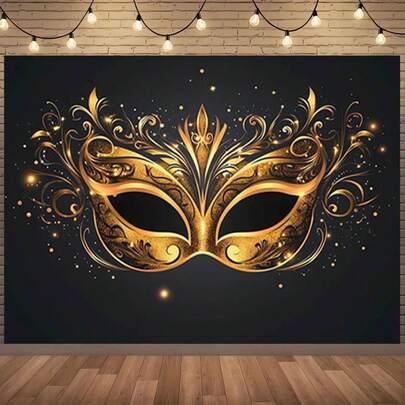 1 Venetian-Style Gold Mask Party Decoration Banner - Elegant Black And Gold Venetian Masquerade Decoration With Gorgeous Gold Patterns, Suitable For Indoor/Outdoor Use - Perfect For Weddings, Birthdays, New Year, Ramadan, And Carnivals, Available In Multiple Sizes.