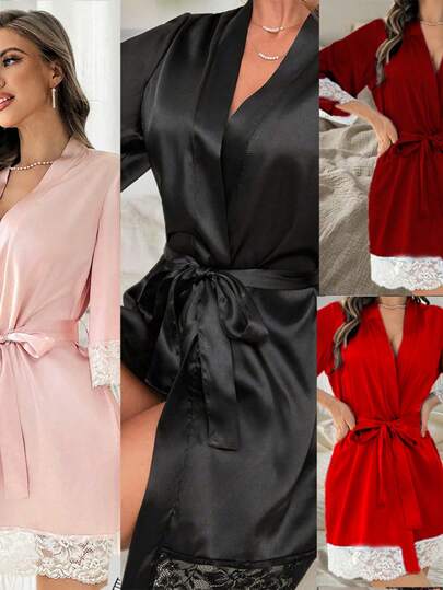 1pc Lace Robe, Pink Bathrobe, Lace Sleepwear, Women's Sleepwear, Solid Color Lace Trim Women's Nightgown, Tie-Waist Sexy Lace Pajamas, Minimalist Comfortable Bathrobe, Women's Loungewear, Solid Color Sexy Women's Bathrobe. Relaxed And Loose Fit! Enjoy The Comfort And Pleasure Of Sleepwear, Focusing On Excellent Quality And Fashionable Style.