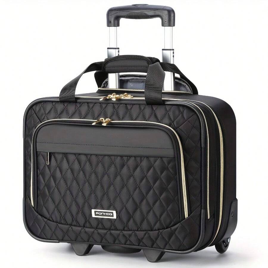 LEKE - Horizontal Style Black Quilted Bag With Tie Rod - Black Trolley Bag - View 1