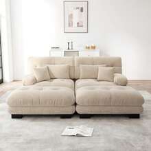 Cloud Ecksofa For Wohnzimmer, Chenille Double Sofa With 2 Lendenkissen And 2 Dekokissen, Polstersofa With Breiten Armlehnen And 2 Ottomans, Chenille Hellbraun - Beige - View 5