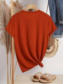 Shirt Letter Coffee Print Women's Short Sleeve Summer Fit Round Neck T-Shirt Loose And Comfortable Benito Bowl Tops - 磚紅色 - 查看 2