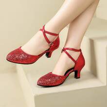 SENMANYU Women Salsa Ballroom Dance Shoes | 2.17" Heel With Adjustable Ankle Strap | Dancing Pumps For Latin Tango Flapper Character Party Glitter Shoe - 紅色 - 查看 22