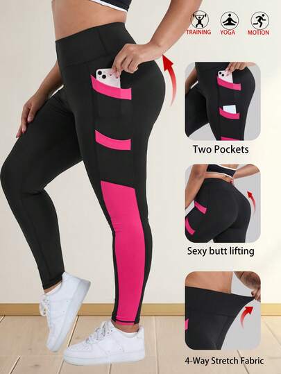 Plus Size Women's High Waist Yoga Pants, Tummy Control Shaping, Workout Leggings With 4 Side Pockets, Contrast Color Design, Suitable For Running, Fitness, Casual And Sports Wear