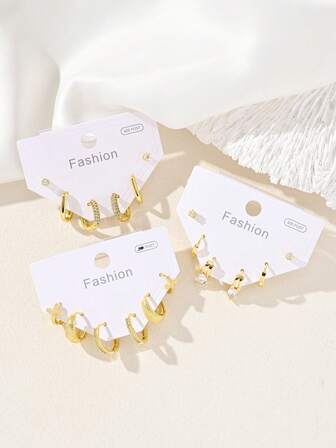 6pcs Fashionable Geometric Earrings Set, With Shiny Micro Cubic Zirconia Round Pendant Earrings, Luxury Personalized 6pcs Gold Earrings Set, Gift For Women