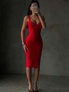 情人节女士梦幻吊带V领中长修身连衣裙夏季绷带裙黑色优雅婚礼晚宴鸡尾酒会礼服性感服装 - 紅色 - 查看 8