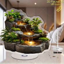 2D旋转亚克力迷你瀑布喷泉 - 双层石池，流水潺潺，热带植物点缀，360°旋转底座，适合户外禅意装饰，自成一体的迷你生态系统