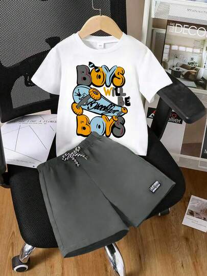 男童休闲字母印花短袖T恤和短裤套装（2件套）