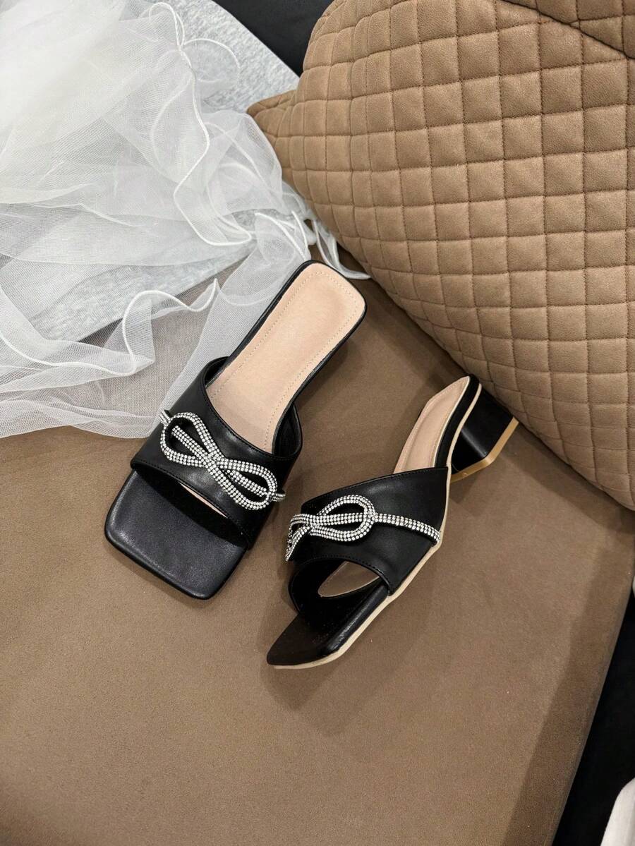 Black Rhinestone Strap Chunky Heel Sandals, Fashion Versatile Square Toe Comfortable Non-Slip Slides For Teens, Suitable For Party, Daily Wear