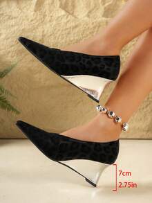 Elegant Leopard Print Pointed Toe Wedge Heels, Party Fashion - Black - View 6
