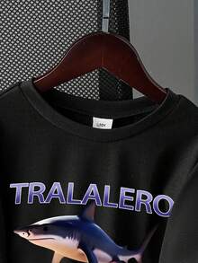 青少年男孩卡通鲨鱼字母印花圆领短袖休闲T恤 - 黑色 - 查看 4