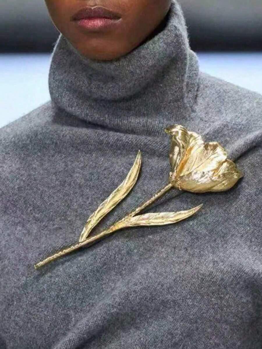 1 pièce Broche florale asymétrique dorée exagérée, broche métallique épaisse et grande minimaliste élégante vintage pour femmes, broche métallique romantique en forme de lys, accessoire de mode pour robe et manteau, ceinturant la taille - Multicolore - Voir 1
