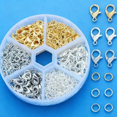330件套金银白三色龙虾扣及圆环组合，包含30个龙虾扣和300个圆环，锌合金材质，适用于珠宝制作和串珠。