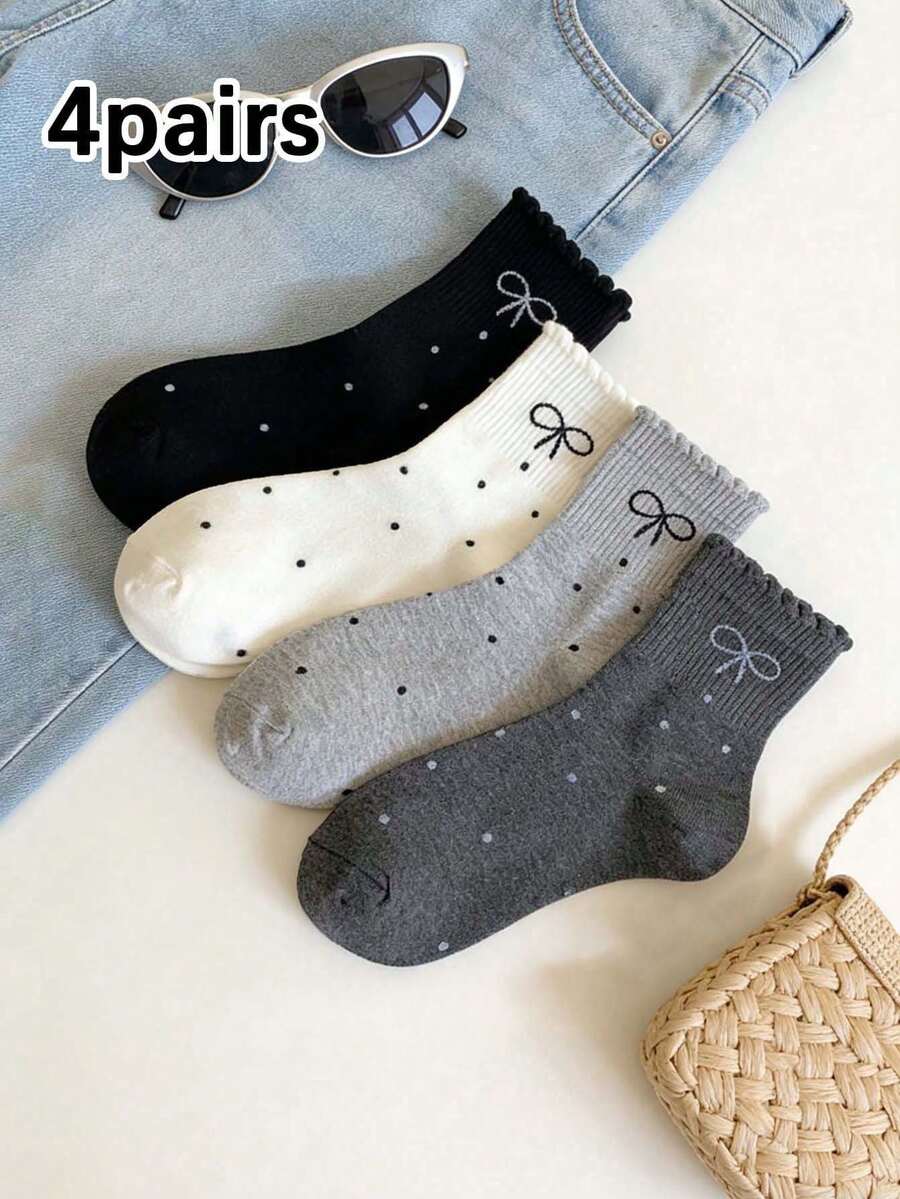 1/4 Pair Women Polka Dot Bow Mid-Calf Socks - Soft Comfortable Casual Socks, Suitable For Daily Wear, Spring/Summer, College Style - Multicolor - View 1