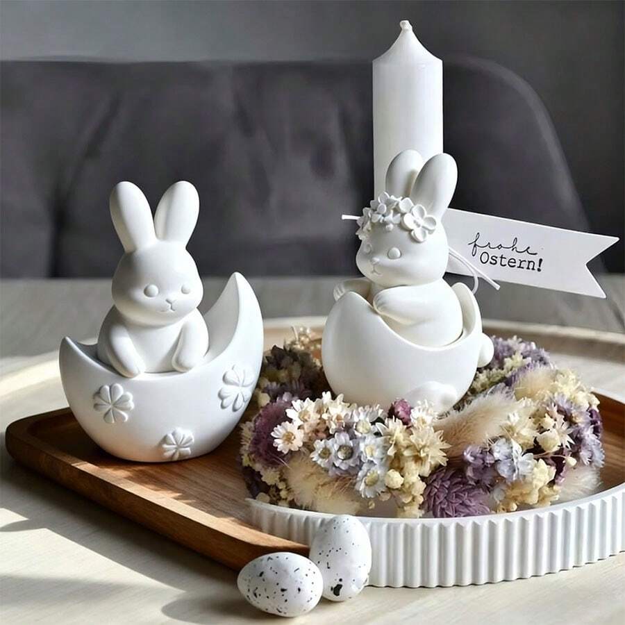 2件套月亮兔子蜡烛模具 - 可重复使用的DIY三叶草/云朵浮雕蜡烛硅胶模具，适用于环氧树脂、石膏和粘土工艺品 - 适用于复活节、斋月装饰，水晶环氧树脂月相和花环兔子造型 - 白色 - 查看 1