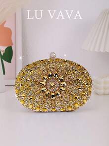 Sparkling Luxurious Rhinestone Decor Handbag, Small Clutch Purse, Elegant For Evening Gown, Wedding, Party, With Metal Chain, Fashionable Lady Handbag, Bridal Purse, Perfectly Matching With Prom Accessories, Prom Bag For Party, Clutch Bag For Wedding - 金色 - 查看 6