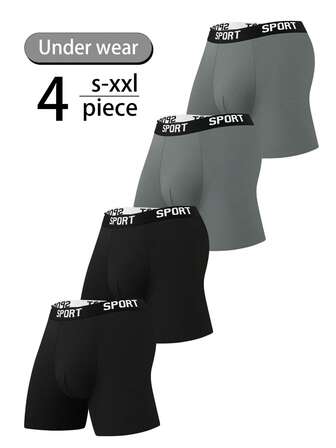 4条装男士内裤（尺码S-XXL） - 高弹力运动款纯色平角内裤
